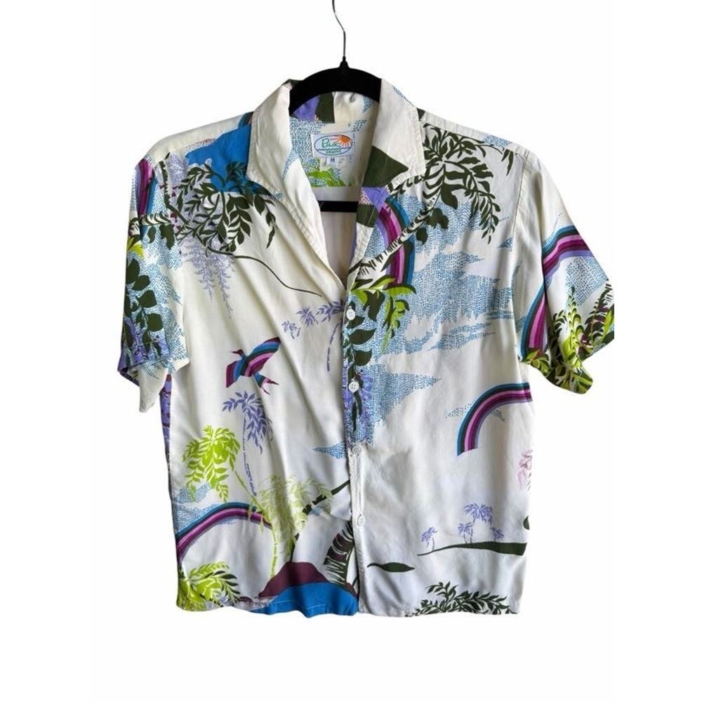 Vintage Pua Hawaii Shirt M Palm Tree Rainbow Crane Tropical tiki Button USA